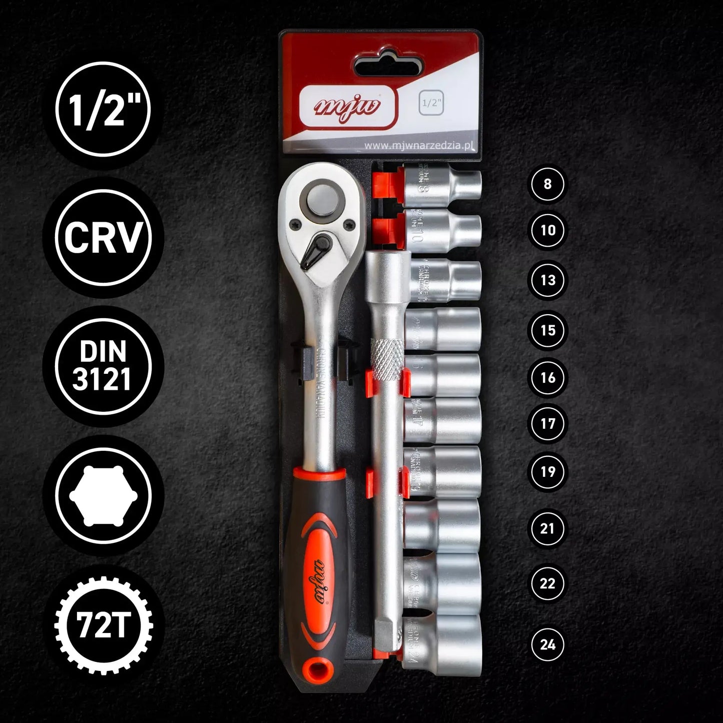 6-Winkel-Steckschlüsselsatz mit Ratsche und Verlängerung 1/2" MJW - Samsuns Group