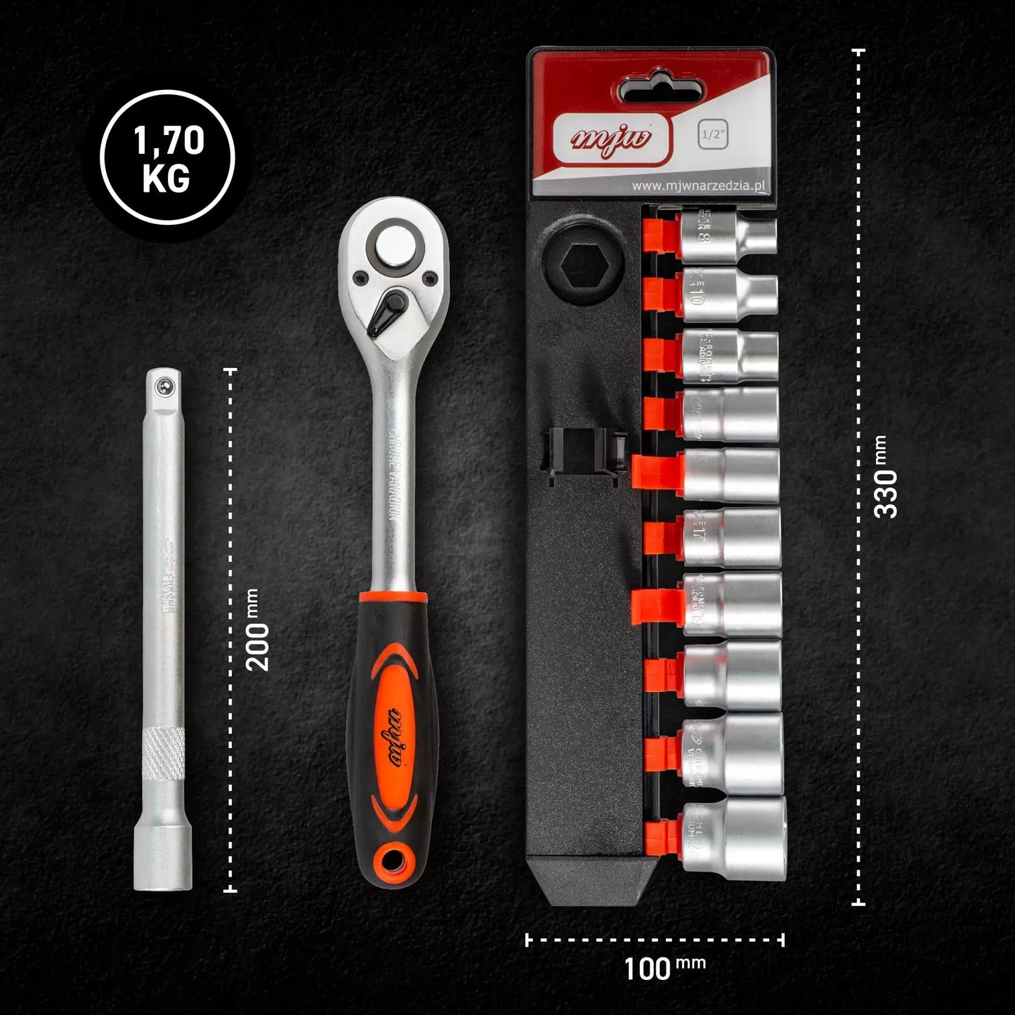 6-Winkel-Steckschlüsselsatz mit Ratsche und Verlängerung 1/2" MJW - Samsuns Group