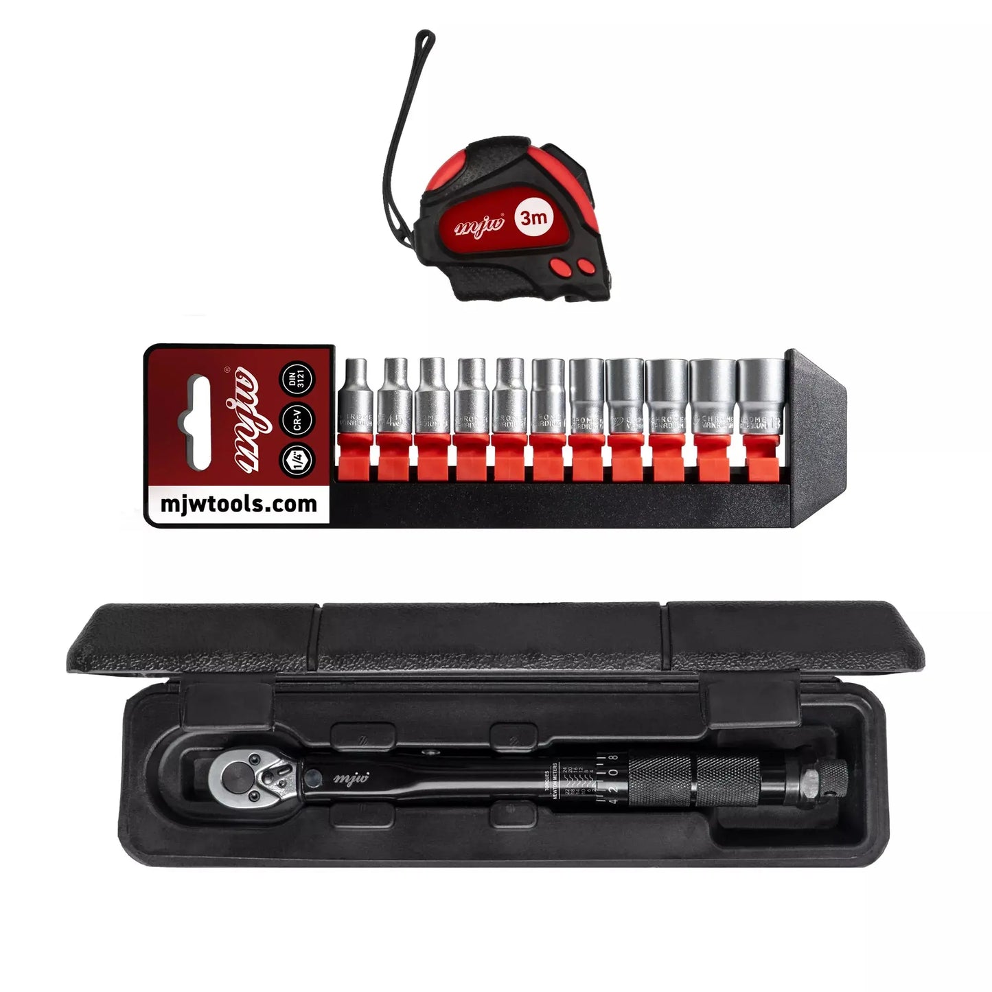 4-teiliges Set: Maßband, Drehmomentschlüssel, 1/4" Steckschlüsseleinsätze, Tasche MJW - Samsuns Group