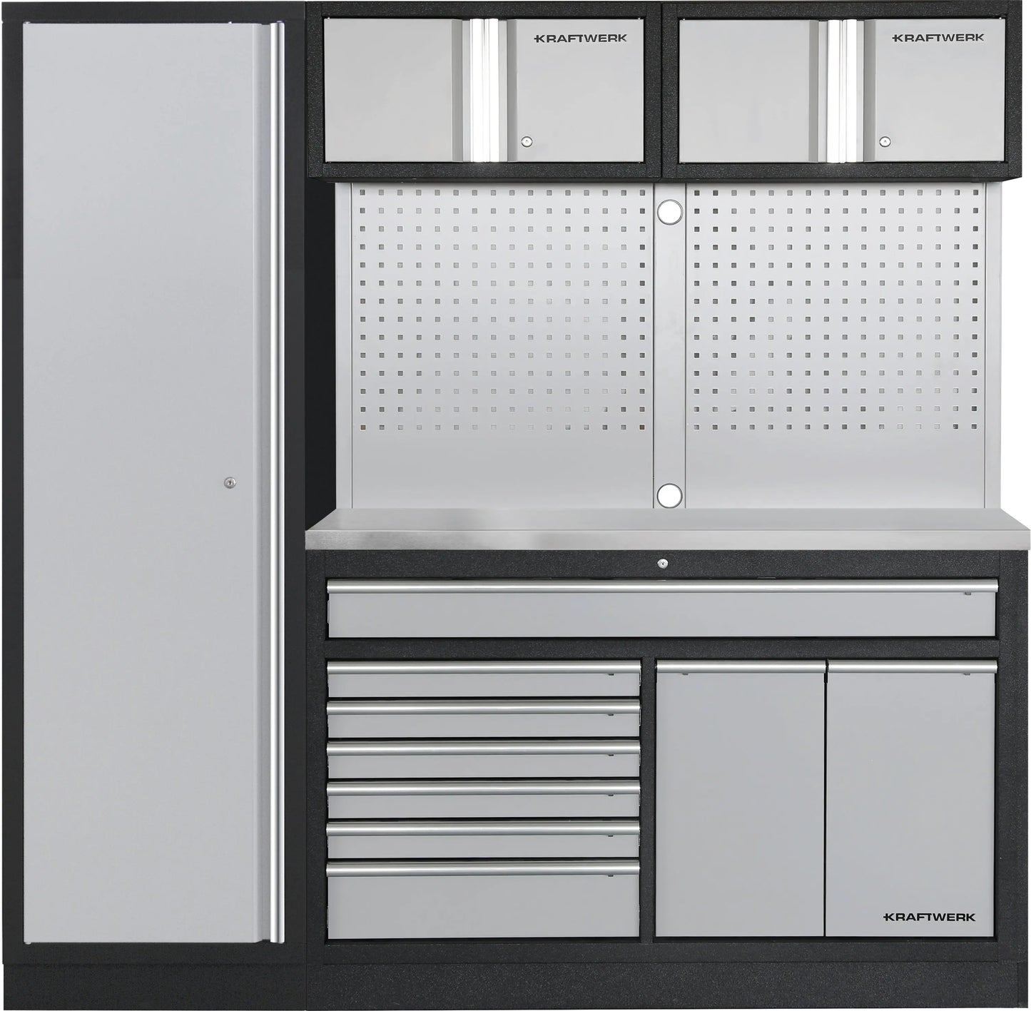 MOBILIO 2ER KOMBI BREIT, LOCHWAND, 1T HOCHSCHRANK, EDELSTAHL KRAFTWERK