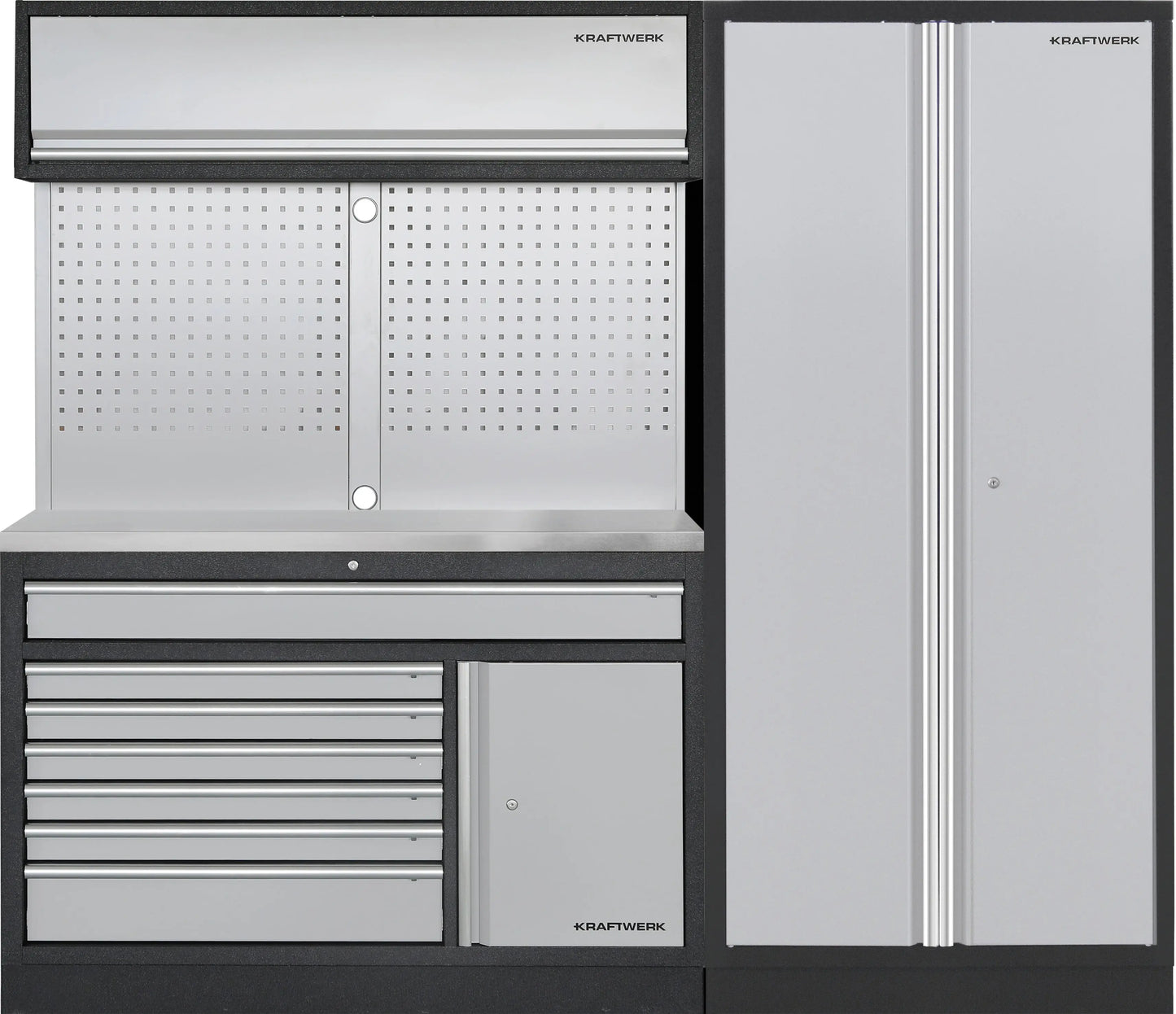 MOBILIO 2ER KOMBI BREIT, LOCHWAND, 2T HOCHSCHRANK, EDELSTAHL KRAFTWERK