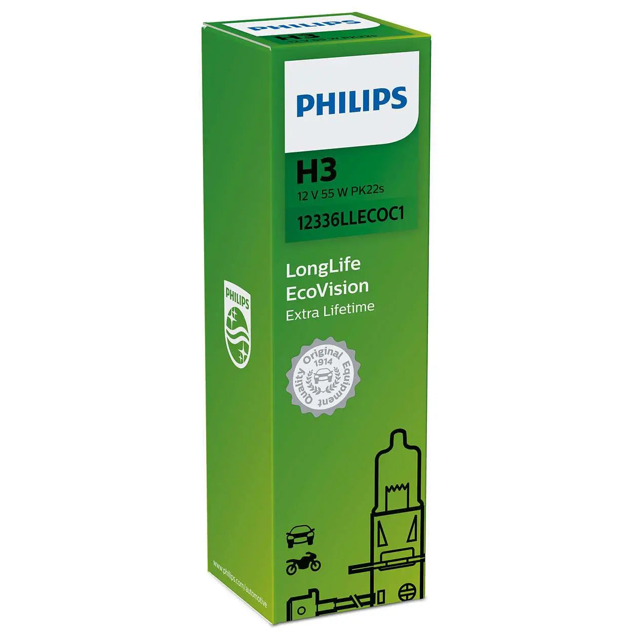 H3 12V 55W PK22s LongLife EcoVision 1 St. Philips - Samsuns Group