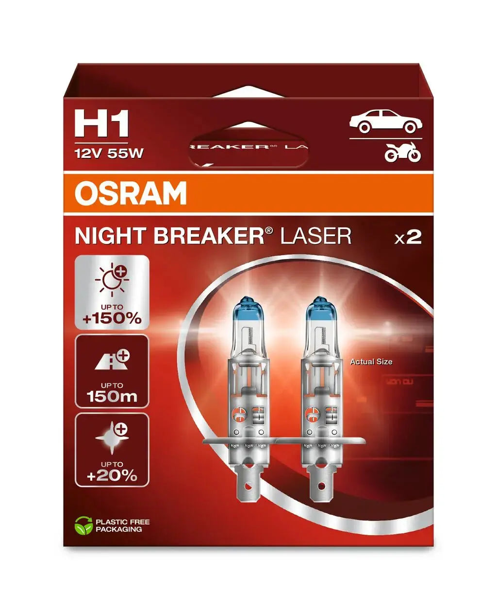 H1 12V 55W P14.5s NIGHT BREAKER® LASER +150% mehr Helligkeit Doppelpack OSRAM