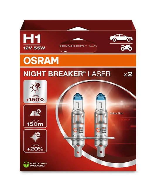 H1 12V 55W P14.5s NIGHT BREAKER® LASER +150% mehr Helligkeit Doppelpack OSRAM