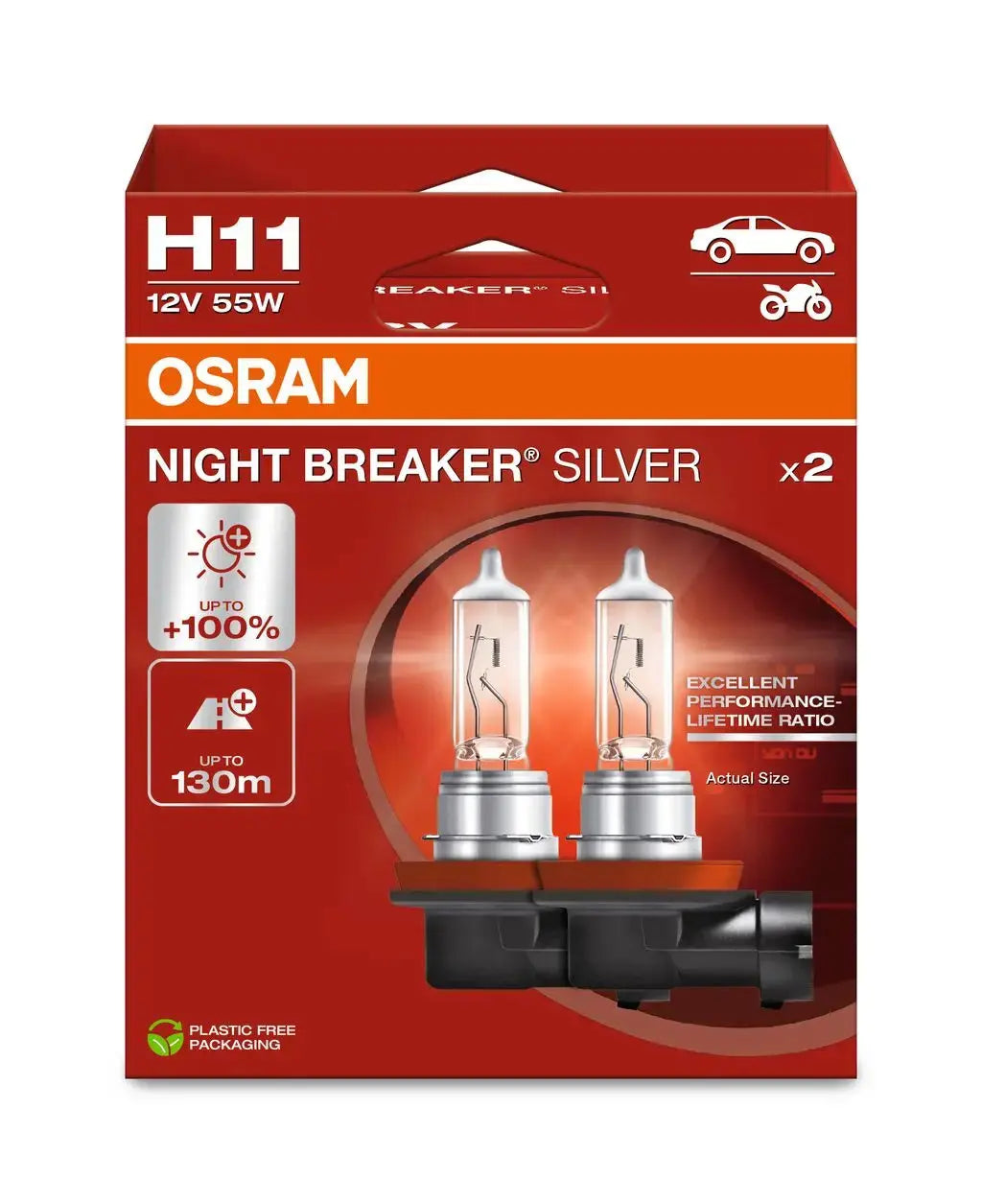 H11 12V 55W PGJ19-2 NIGHT BREAKER® SILVER +100% Doppelpack OSRAM