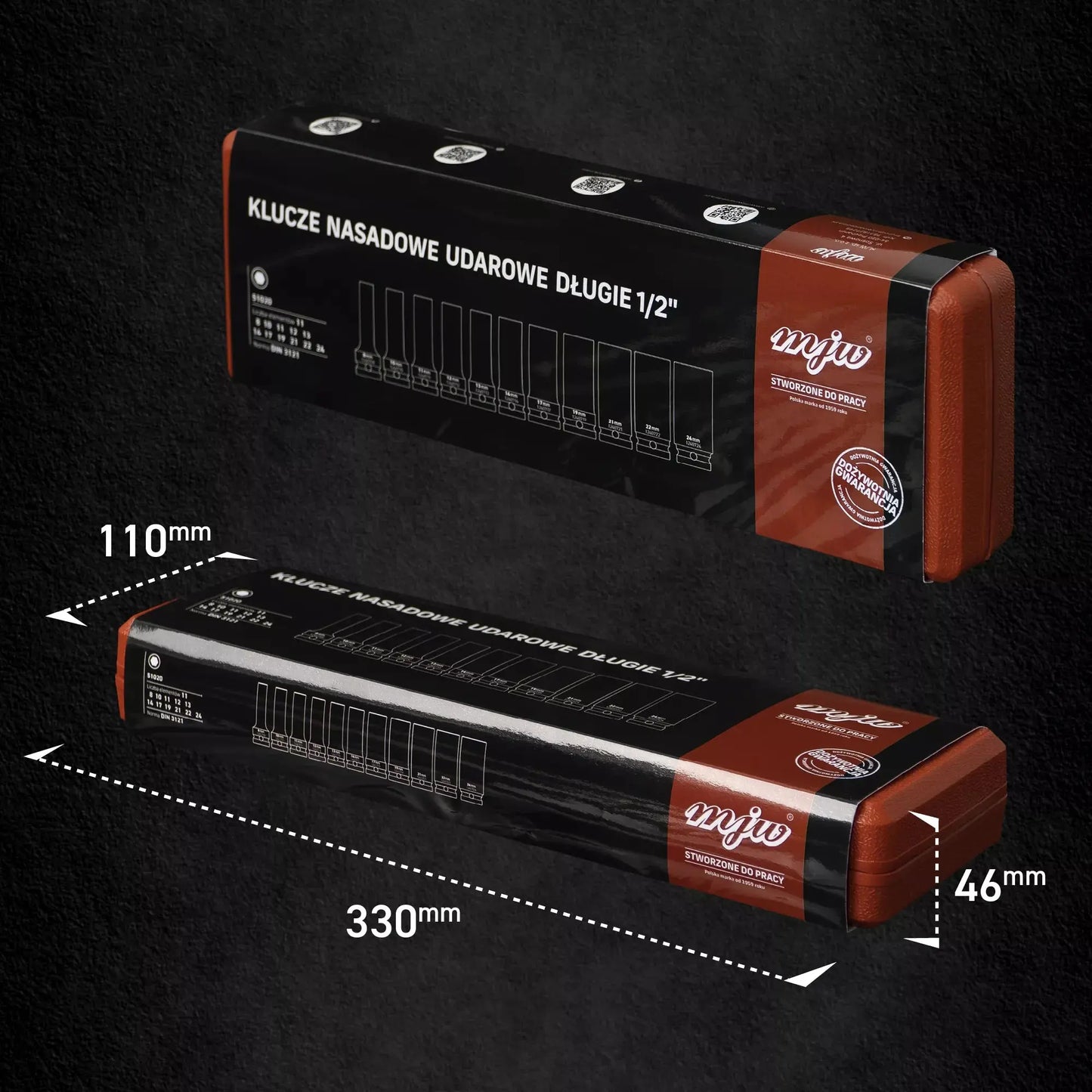 Kraft-Steckschlüsselsatz 1/2" lang 8/10/11/12/13/14/17/19/21/22/24 mm MJW