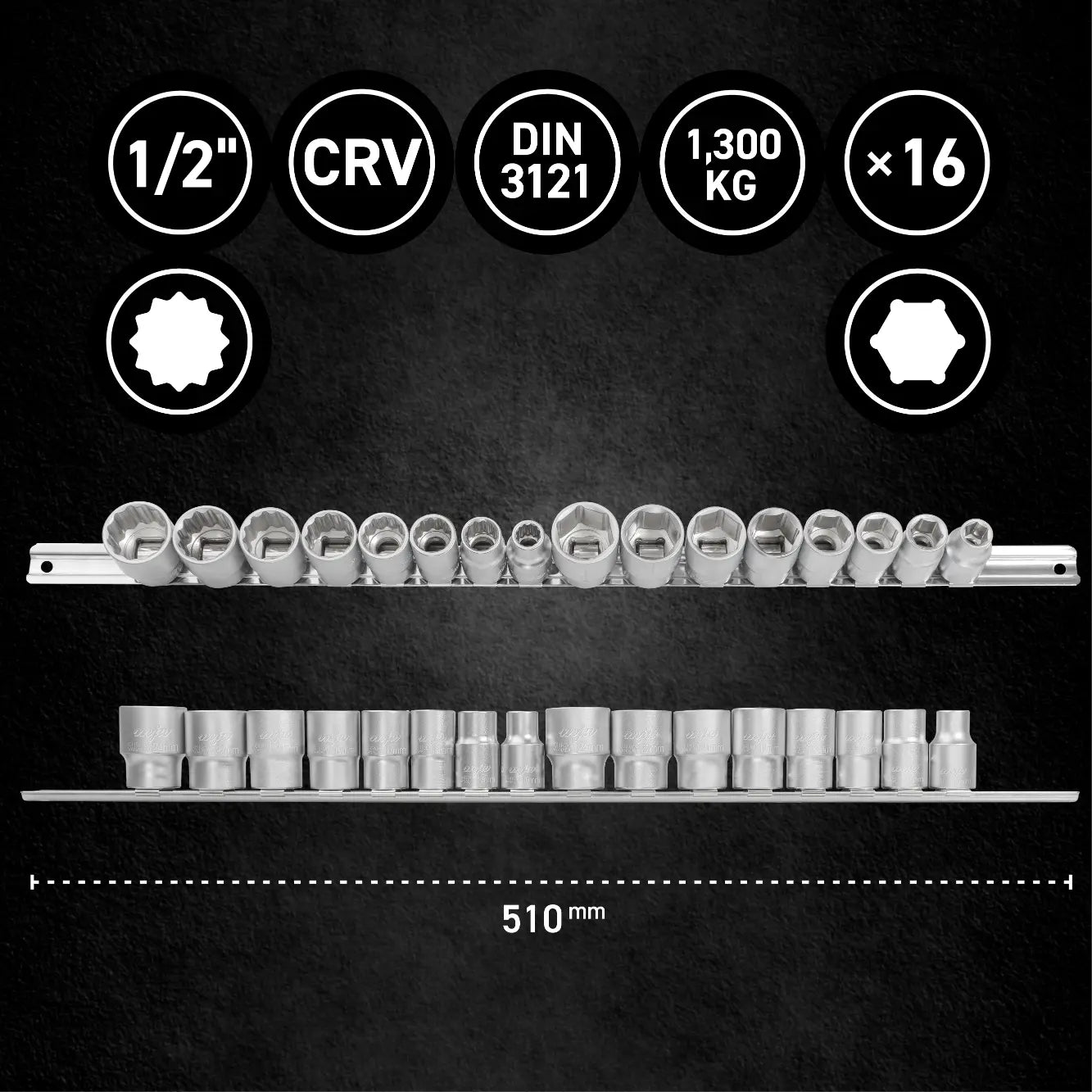 Zestaw nasadek 1/2" 6-kąt 12-kąt na szynie 10-24mm