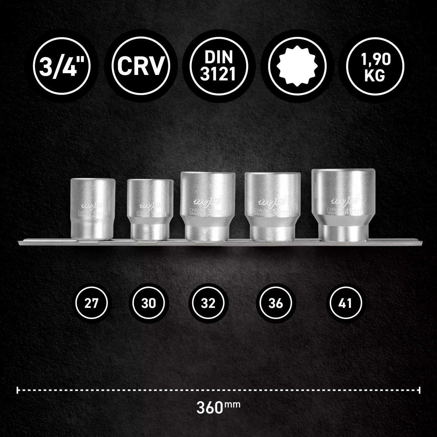 MJW Satz 3/4" 12-Winkel 27-41 mm Steckschlüssel auf Schiene