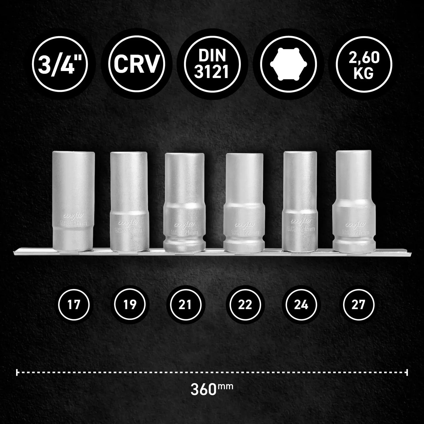 MJW Satz 3/4" 6-Winkel-Einsätze LONG 17-27mm auf Schiene