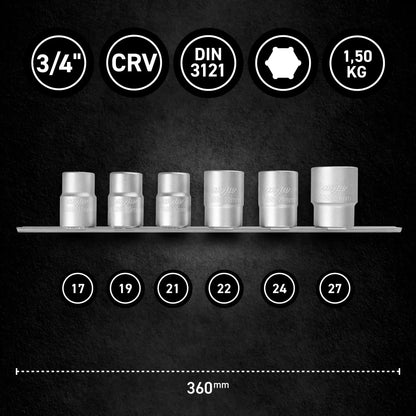 MJW Satz 3/4"-Sechskant-Einsätze 17-27 mm auf Schiene