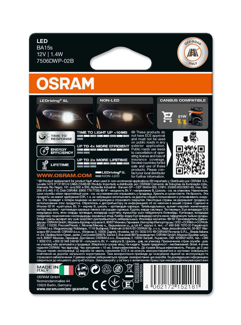 LED P21W LEDriving SL White 6000K 12V 1,8 W BA15s Blister 2 St. OSRAM