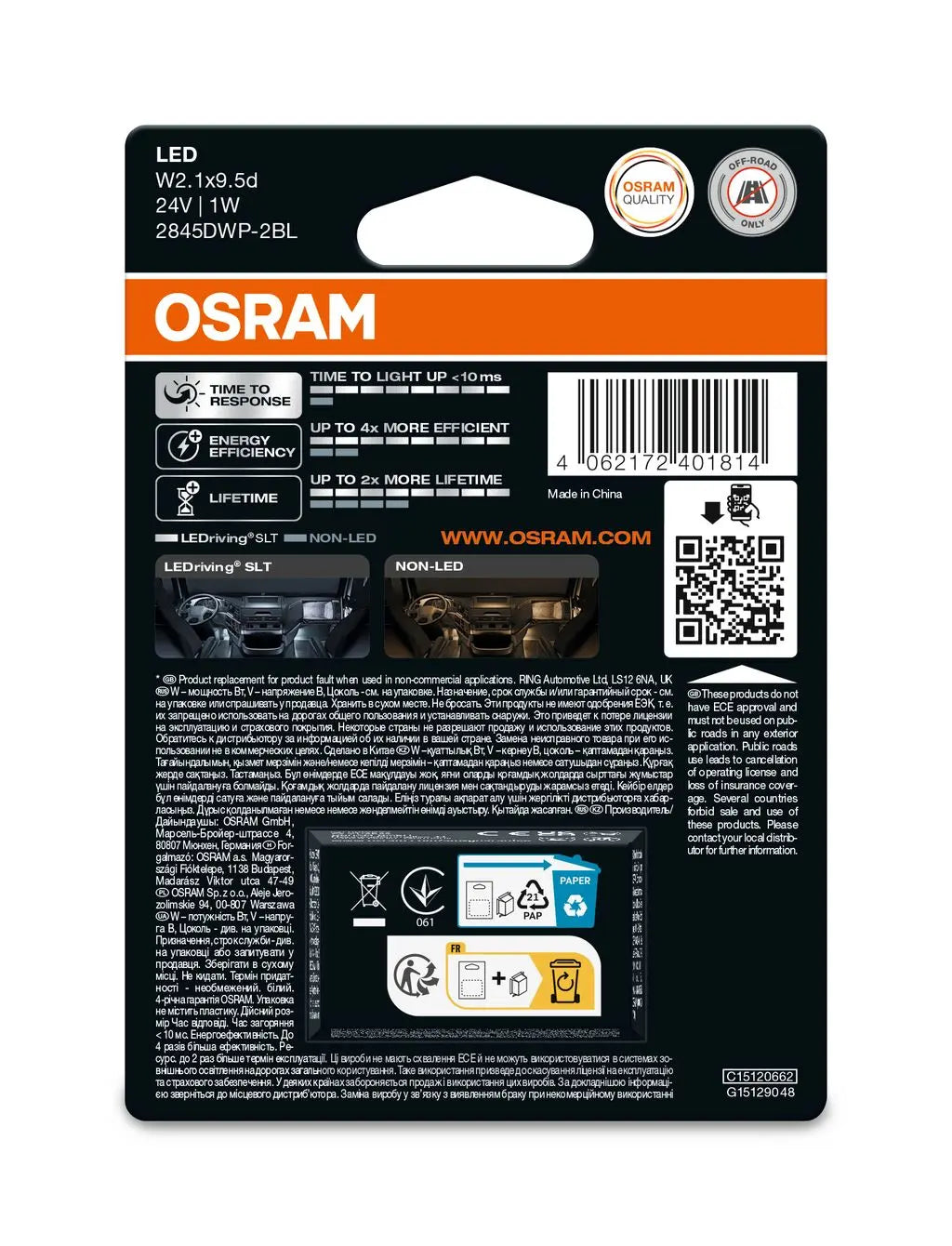 LED W5W 24V 1W W2.1x9.5d LEDriving SLT White 6000K Blister  2St. OSRAM