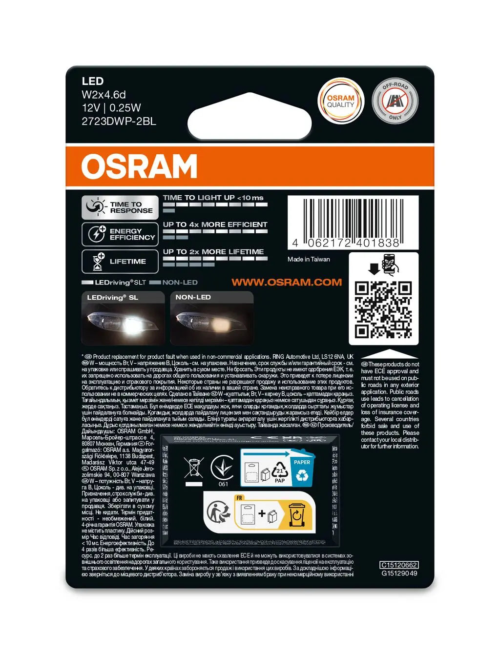 LEDriving® SL ~W2.3W W2x4.6d 0.25W 12V 6000K 25 lm White 2St. OSRAM