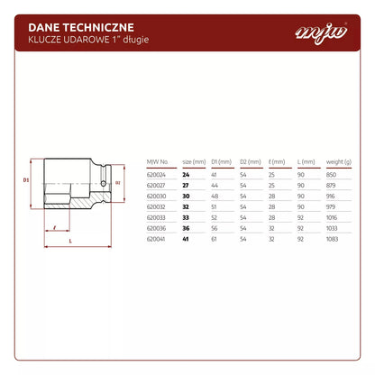 MJW Schlag-Steckschlüssel 1" Sechskant lang 27 mm