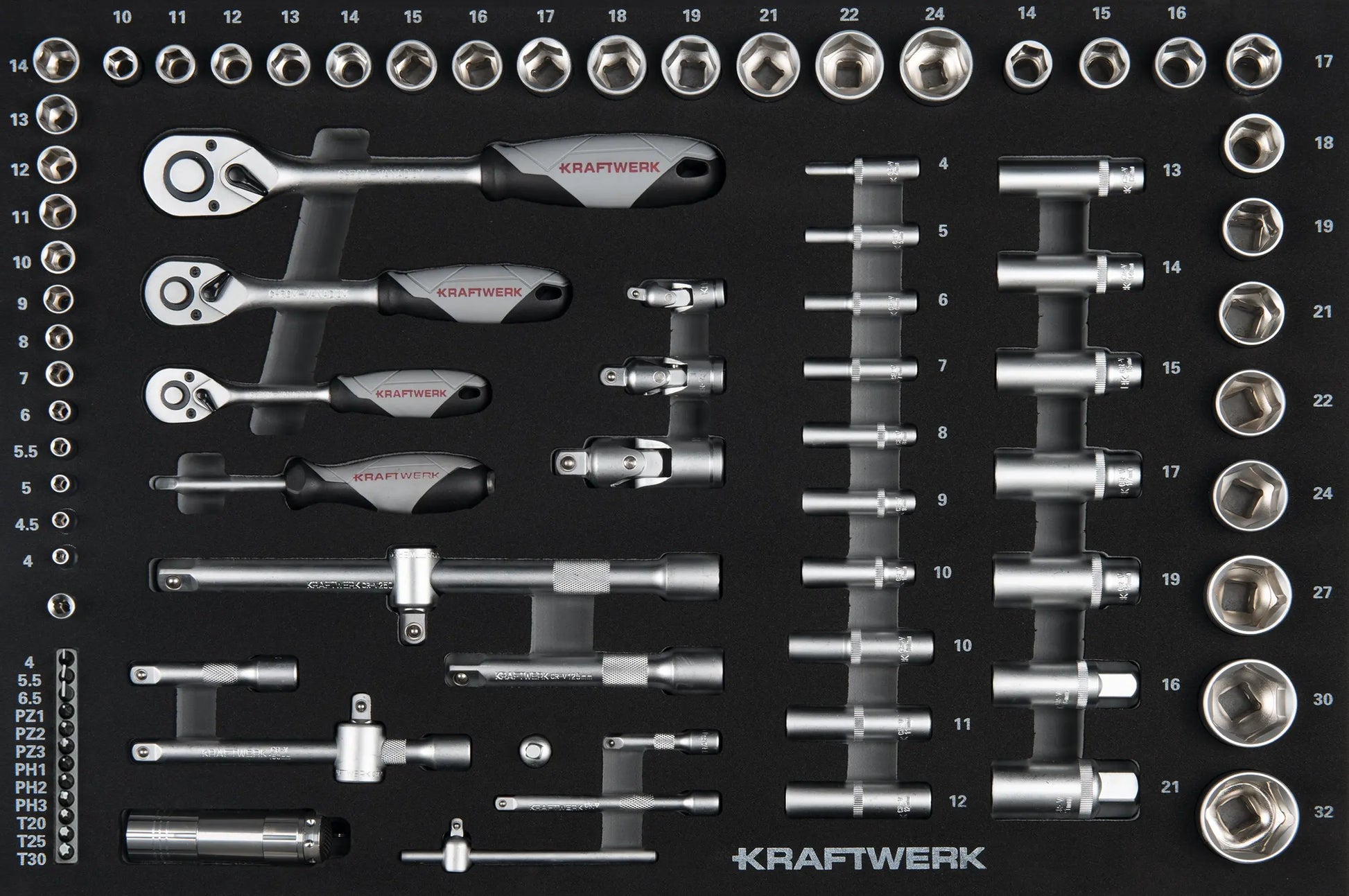 STECKSCHLÜSSEL-EINLAGE 1/4“+3/8“+1/2“ 86-TLG. KRAFTWERK BASIC LINE