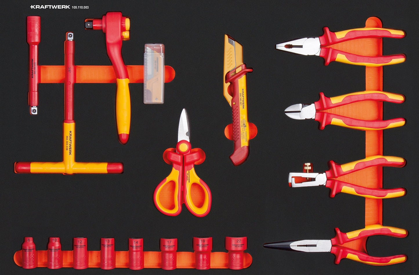 VDE EINLAGE MIT 3/8" KNARRE/STECKS./ZANGEN/SCHNEIDW. 18-TLG. KRAFTWERK