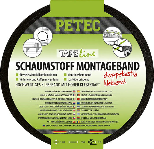 doppelseitig klebend - Schaumstoff-Montageband schwarz - 10mx19mmx1mm PETEC