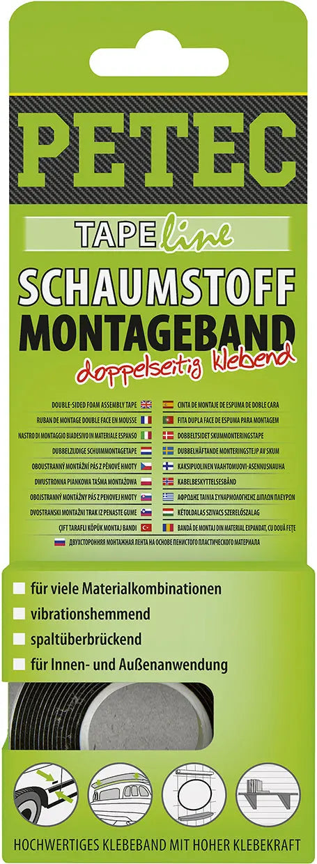 doppelseitig klebend - Schaumstoff-Montageband schwarz - 2 m x 12 mm x 1 mm PETEC