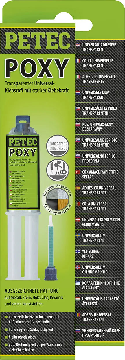 transparenter 2K Universal-Klebstoff - POXY - 24 ml Doppelspritze SB-Karte PETEC
