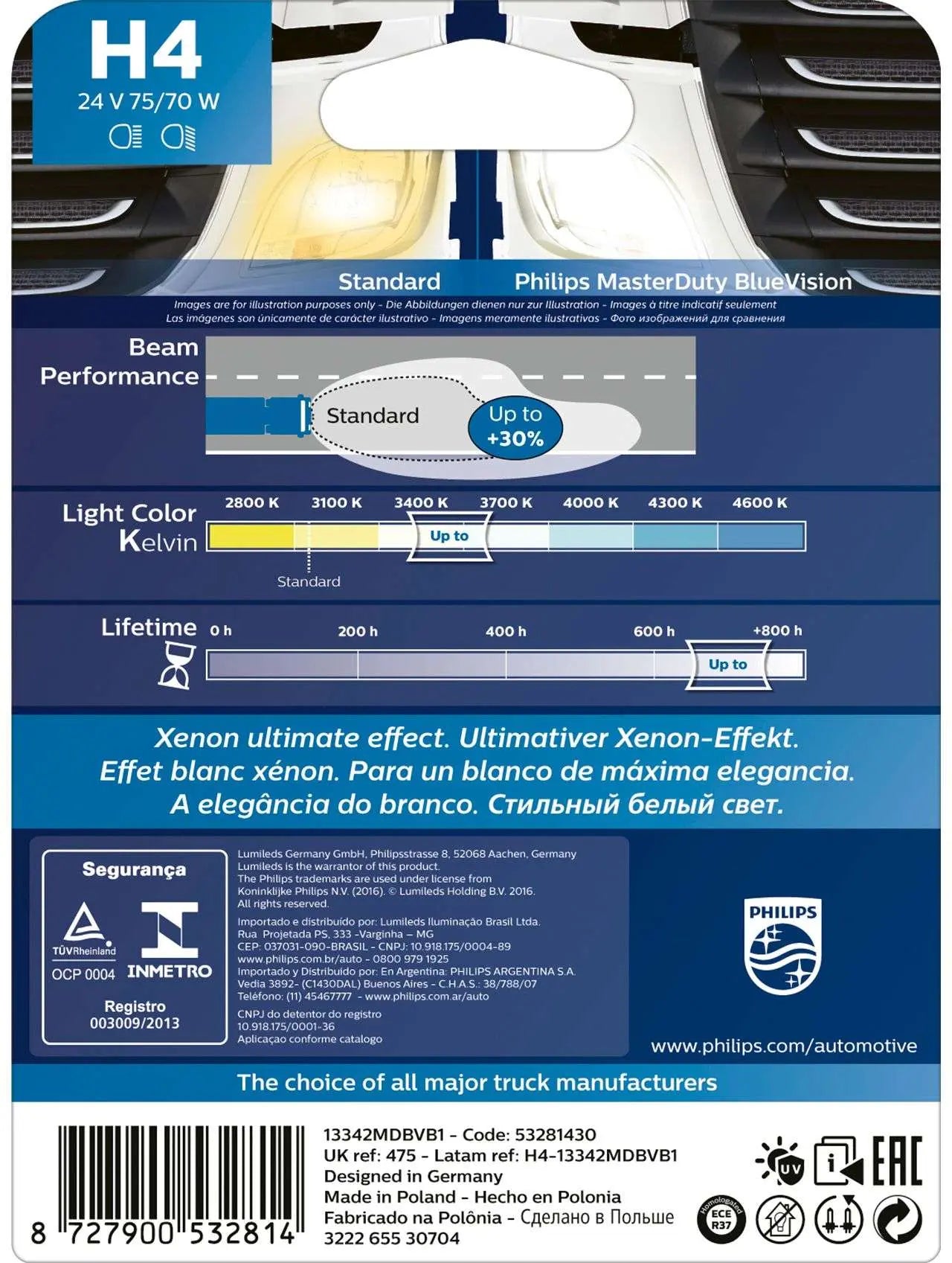 H4 24V 75/70W P43T 24V Halogen MasterDuty BlueVision 1St Philips - Samsuns Group