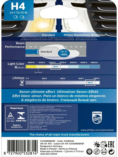 H4 24V 75/70W P43T 24V Halogen MasterDuty BlueVision 1St Philips - Samsuns Group